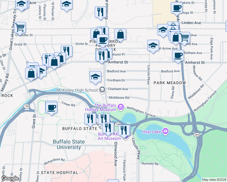 map of restaurants, bars, coffee shops, grocery stores, and more near 134 Chatham Avenue in Buffalo