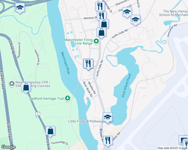 map of restaurants, bars, coffee shops, grocery stores, and more near Brown Avenue in Manchester