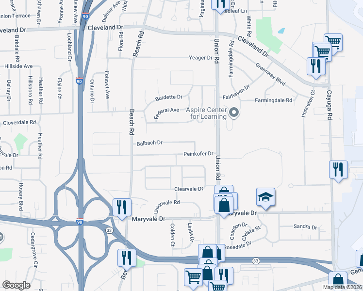 map of restaurants, bars, coffee shops, grocery stores, and more near 101 Balbach Drive in Buffalo