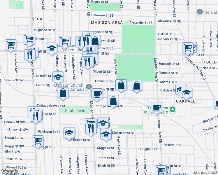 map of restaurants, bars, coffee shops, grocery stores, and more near 503 Oakdale Street Southeast in Grand Rapids