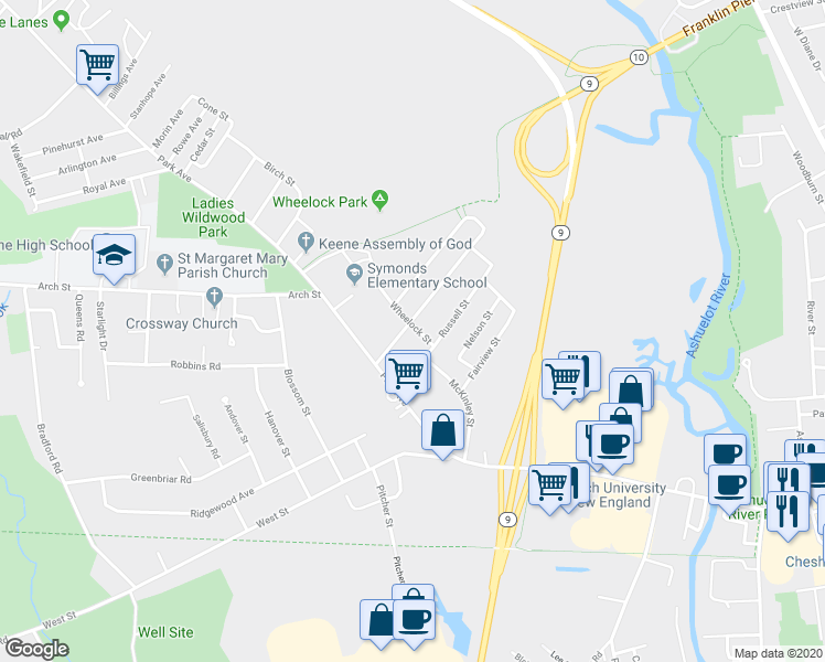map of restaurants, bars, coffee shops, grocery stores, and more near 21 Pine Avenue in Keene