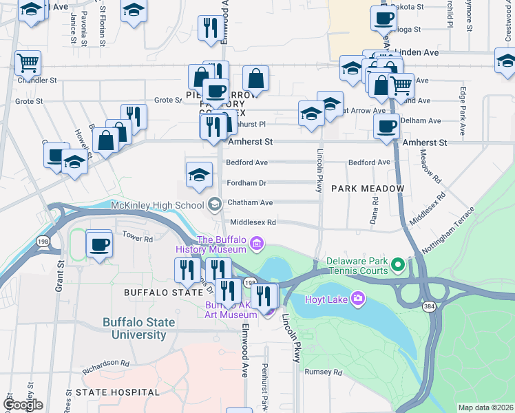 map of restaurants, bars, coffee shops, grocery stores, and more near 98 Chatham Avenue in Buffalo