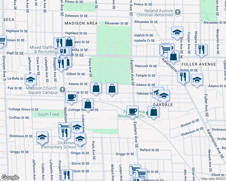 map of restaurants, bars, coffee shops, grocery stores, and more near 649 Oakdale Street Southeast in Grand Rapids
