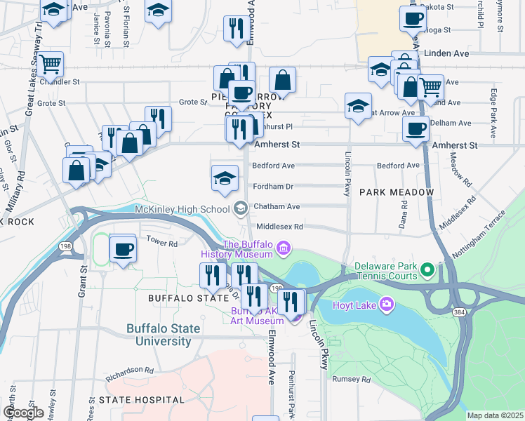 map of restaurants, bars, coffee shops, grocery stores, and more near 134 Chatham Avenue in Buffalo