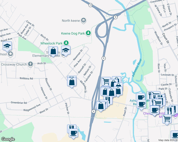 map of restaurants, bars, coffee shops, grocery stores, and more near 28 Fairview Street in Keene