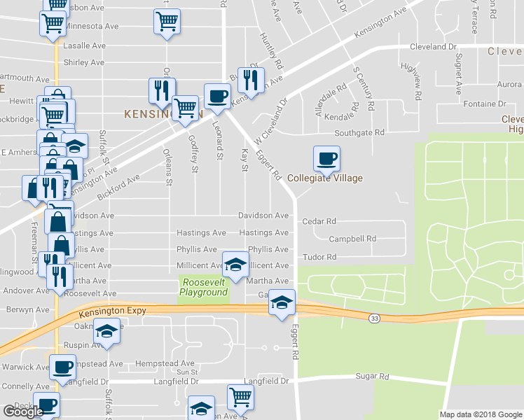 map of restaurants, bars, coffee shops, grocery stores, and more near 334 Davidson Ave in Buffalo
