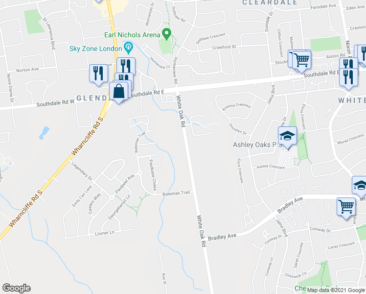 map of restaurants, bars, coffee shops, grocery stores, and more near 3145 White Oak Road in London