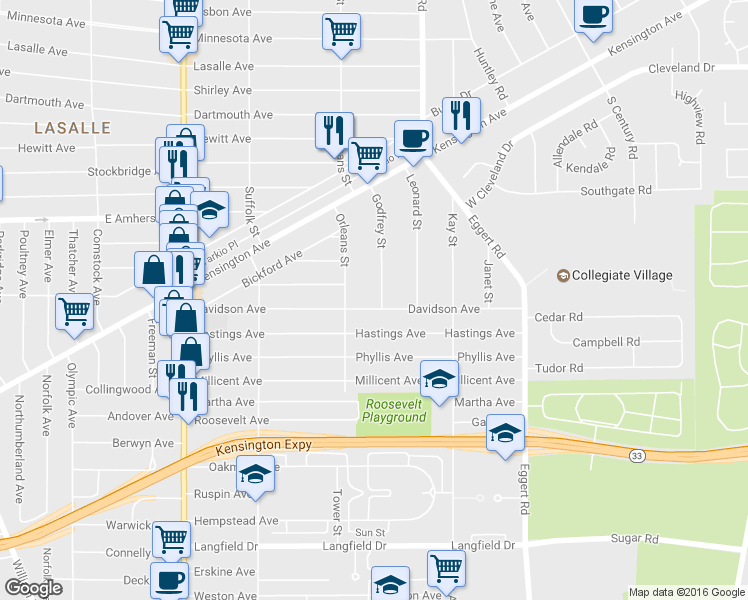 map of restaurants, bars, coffee shops, grocery stores, and more near 216 Davidson Ave in Buffalo
