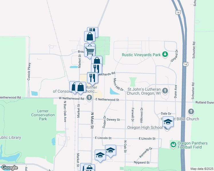 map of restaurants, bars, coffee shops, grocery stores, and more near 810 Thompson Drive in Oregon