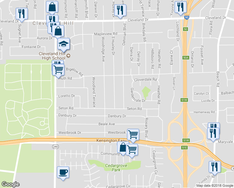 map of restaurants, bars, coffee shops, grocery stores, and more near 35 South Huxley Drive in Buffalo