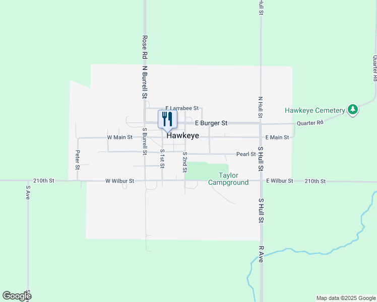 map of restaurants, bars, coffee shops, grocery stores, and more near 201 Pearl Street in Hawkeye