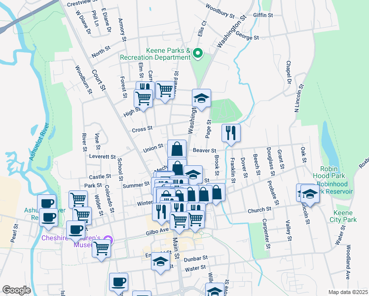 map of restaurants, bars, coffee shops, grocery stores, and more near 118 Washington Street in Keene