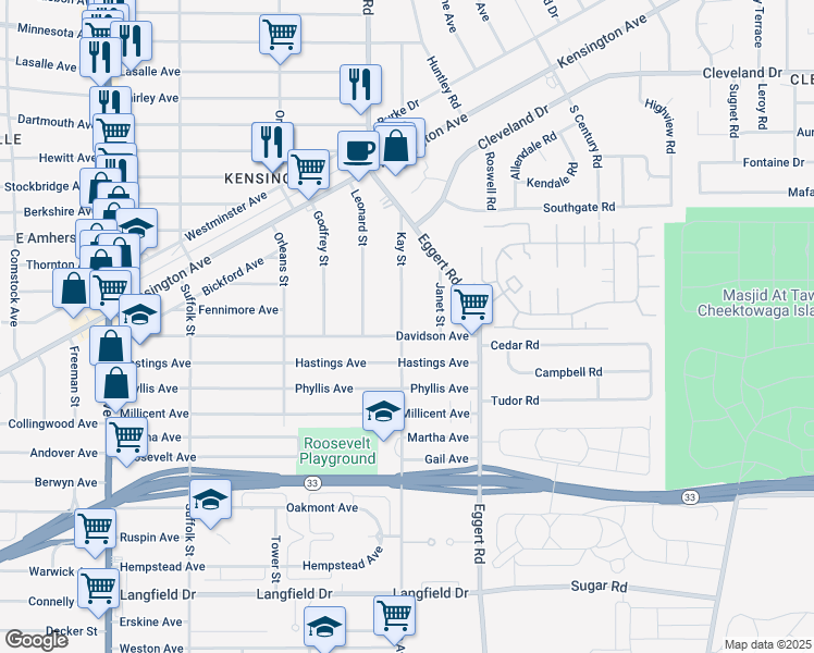 map of restaurants, bars, coffee shops, grocery stores, and more near 294 Davidson Avenue in Buffalo