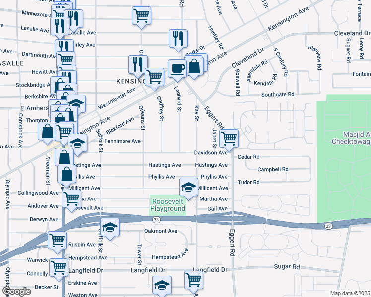 map of restaurants, bars, coffee shops, grocery stores, and more near 294 Davidson Avenue in Buffalo