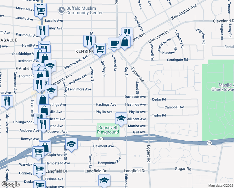 map of restaurants, bars, coffee shops, grocery stores, and more near 252 Davidson Avenue in Buffalo