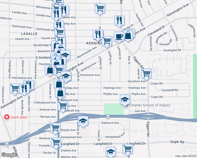 map of restaurants, bars, coffee shops, grocery stores, and more near 172 Davidson Avenue in Buffalo