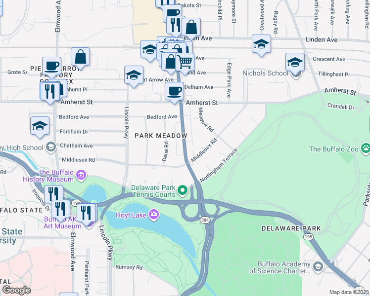 map of restaurants, bars, coffee shops, grocery stores, and more near in Buffalo