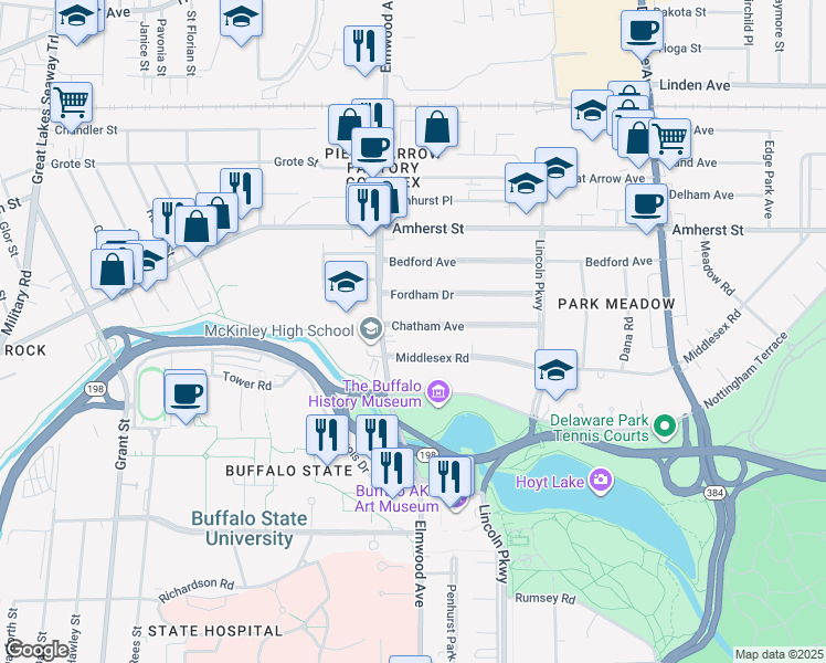 map of restaurants, bars, coffee shops, grocery stores, and more near 134 Chatham Avenue in Buffalo
