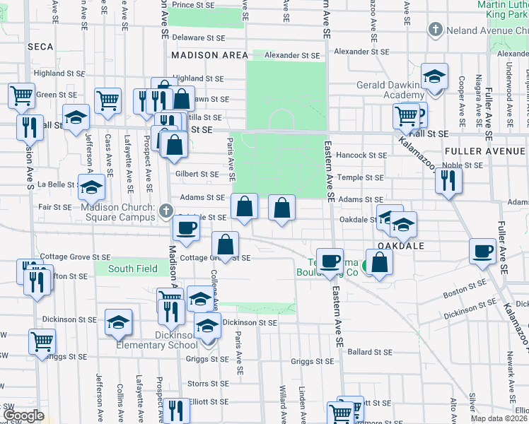 map of restaurants, bars, coffee shops, grocery stores, and more near 619 Oakdale Street Southeast in Grand Rapids