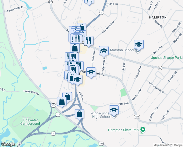 map of restaurants, bars, coffee shops, grocery stores, and more near 89 Winnacunnet Road in Hampton