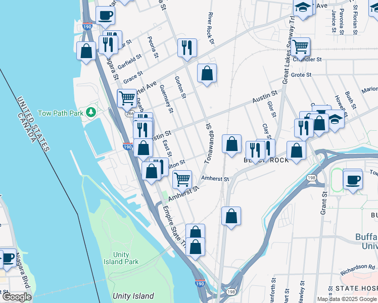 map of restaurants, bars, coffee shops, grocery stores, and more near 98 Thompson Street in Buffalo