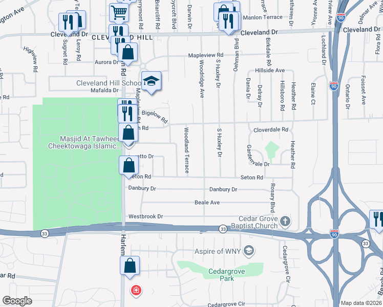 map of restaurants, bars, coffee shops, grocery stores, and more near 27 Woodland Terrace in Cheektowaga