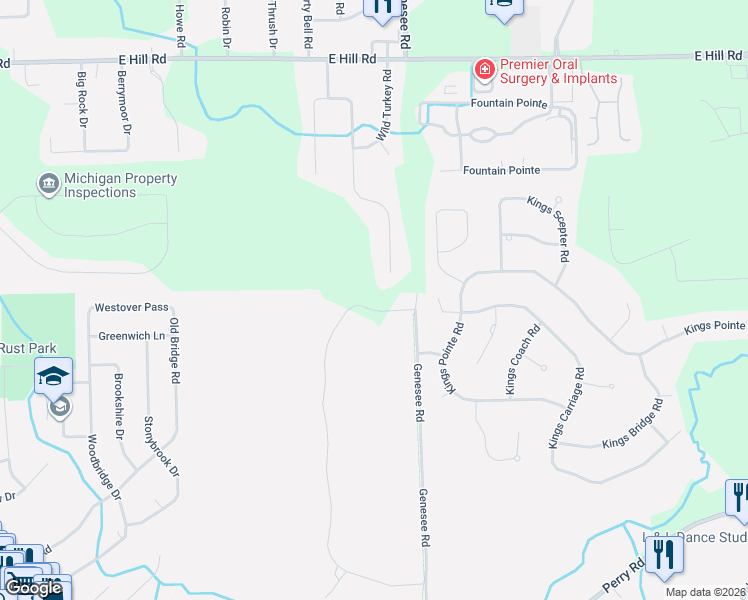 map of restaurants, bars, coffee shops, grocery stores, and more near 654 Kings Fairway Court in Grand Blanc