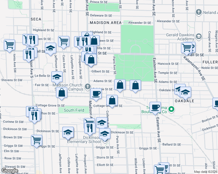 map of restaurants, bars, coffee shops, grocery stores, and more near 503 Oakdale Street Southeast in Grand Rapids