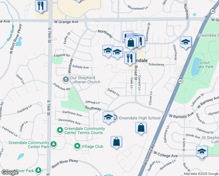 map of restaurants, bars, coffee shops, grocery stores, and more near 6725 Daffodil Lane in Greendale