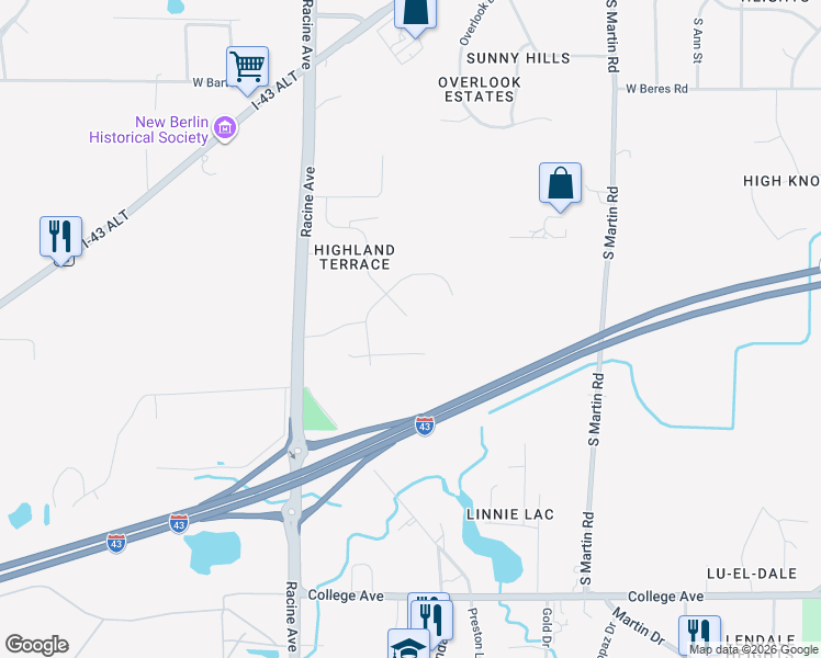 map of restaurants, bars, coffee shops, grocery stores, and more near 5865 Vista Drive in New Berlin