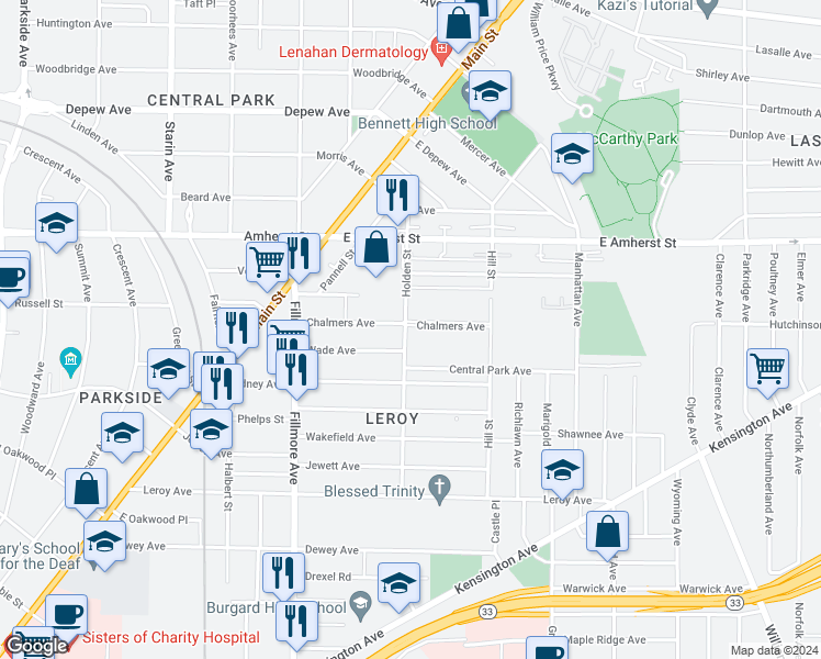 map of restaurants, bars, coffee shops, grocery stores, and more near 129 Holden Street in Buffalo
