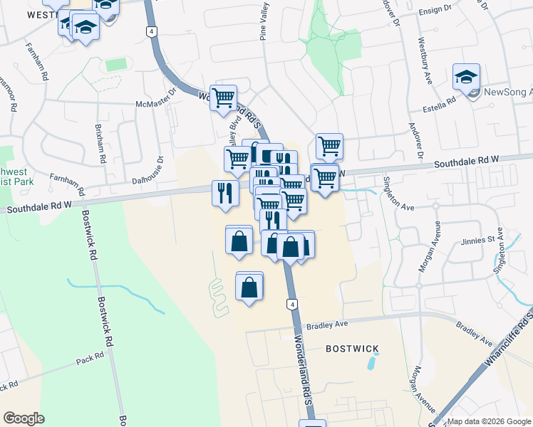 map of restaurants, bars, coffee shops, grocery stores, and more near 3049 Wonderland Road South in London