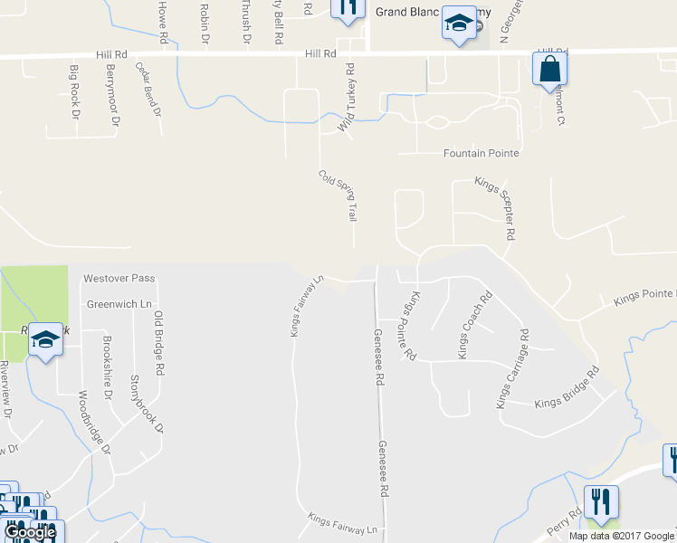 map of restaurants, bars, coffee shops, grocery stores, and more near 654 Kings Fairway Court in Grand Blanc