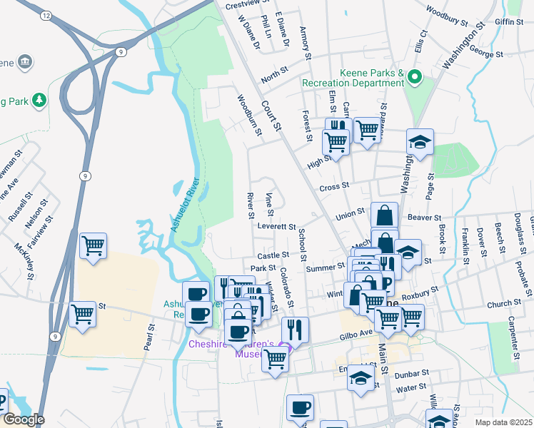 map of restaurants, bars, coffee shops, grocery stores, and more near 20 Vine Street in Keene