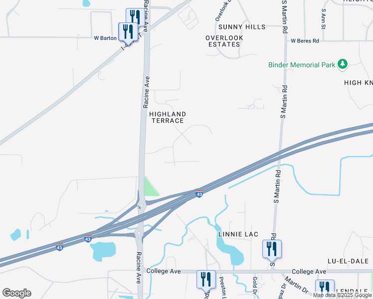 map of restaurants, bars, coffee shops, grocery stores, and more near 5865 Vista Drive in New Berlin