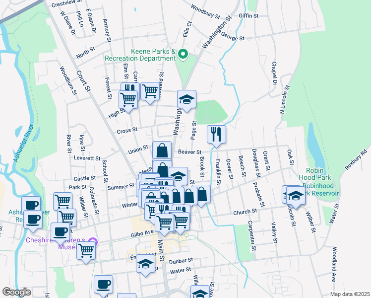 map of restaurants, bars, coffee shops, grocery stores, and more near 24 Beaver Street in Keene