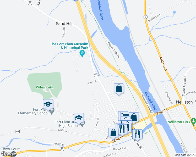 map of restaurants, bars, coffee shops, grocery stores, and more near 324 Canal Street in Fort Plain