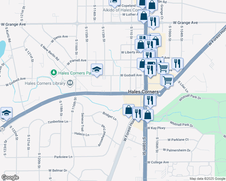 map of restaurants, bars, coffee shops, grocery stores, and more near 11126 West Janesville Road in Hales Corners