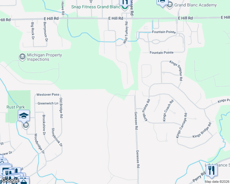 map of restaurants, bars, coffee shops, grocery stores, and more near 632 Kings Fairway Court in Grand Blanc