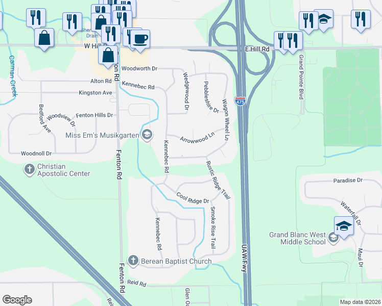 map of restaurants, bars, coffee shops, grocery stores, and more near 1301 Wagon Wheel Lane in Grand Blanc