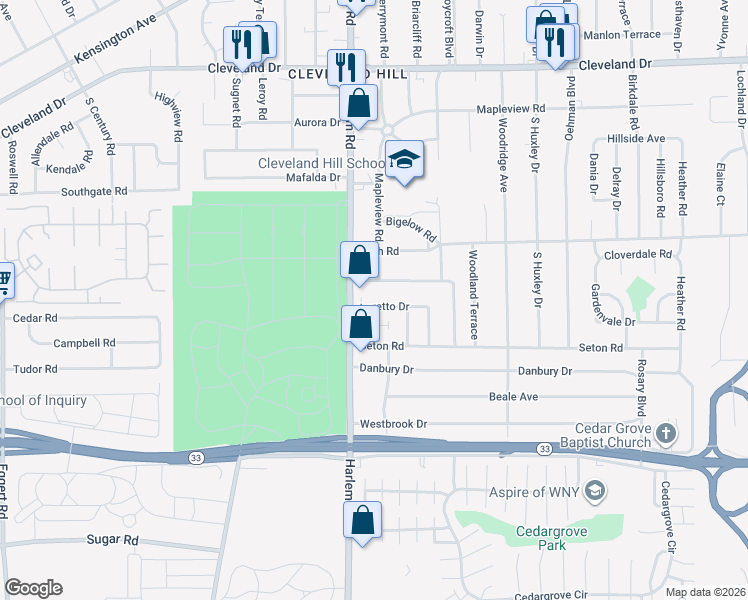 map of restaurants, bars, coffee shops, grocery stores, and more near 16 Loretto Dr in Buffalo