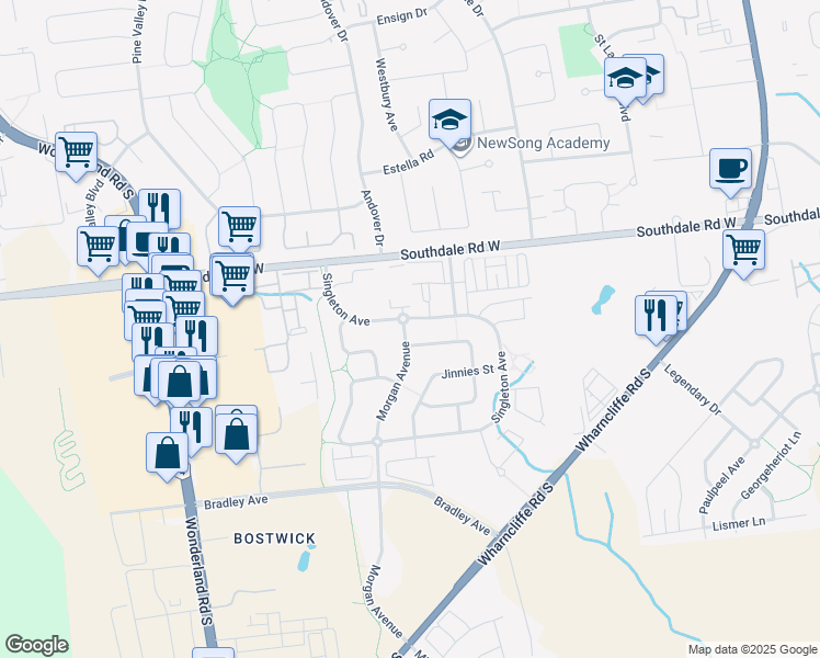 map of restaurants, bars, coffee shops, grocery stores, and more near 3173 Morgan Avenue in London