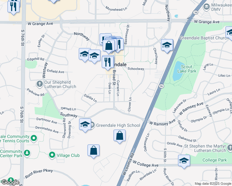 map of restaurants, bars, coffee shops, grocery stores, and more near 5908 Broad Street in Greendale