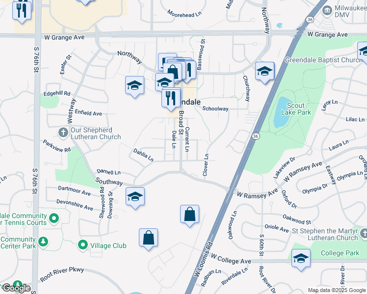 map of restaurants, bars, coffee shops, grocery stores, and more near 5910 Broad Street in Greendale