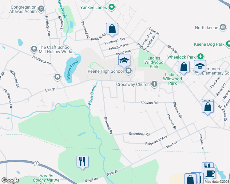 map of restaurants, bars, coffee shops, grocery stores, and more near 54 Sawyer Road in Keene
