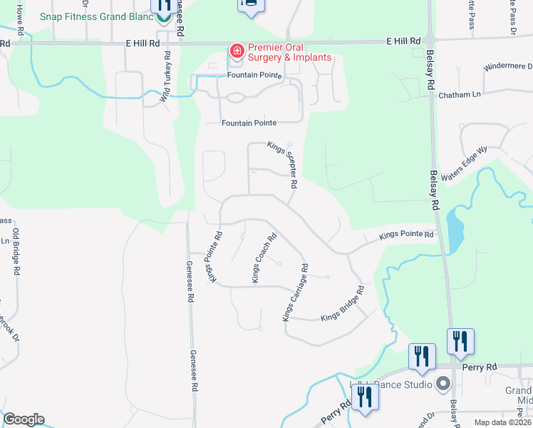 map of restaurants, bars, coffee shops, grocery stores, and more near 1217 Kings Carriage Road in Grand Blanc