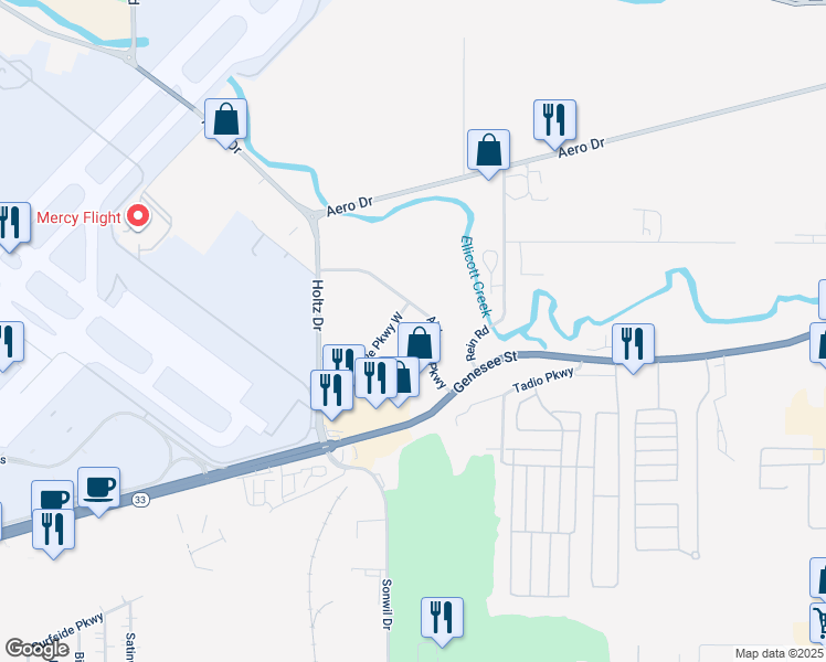 map of restaurants, bars, coffee shops, grocery stores, and more near 300 Airborne Parkway West in Cheektowaga