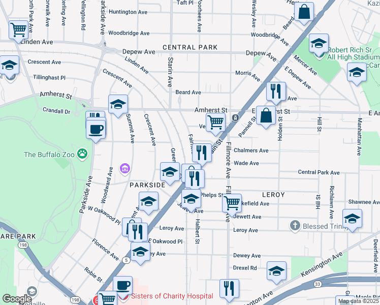 map of restaurants, bars, coffee shops, grocery stores, and more near 34 Fairfield Avenue in Buffalo