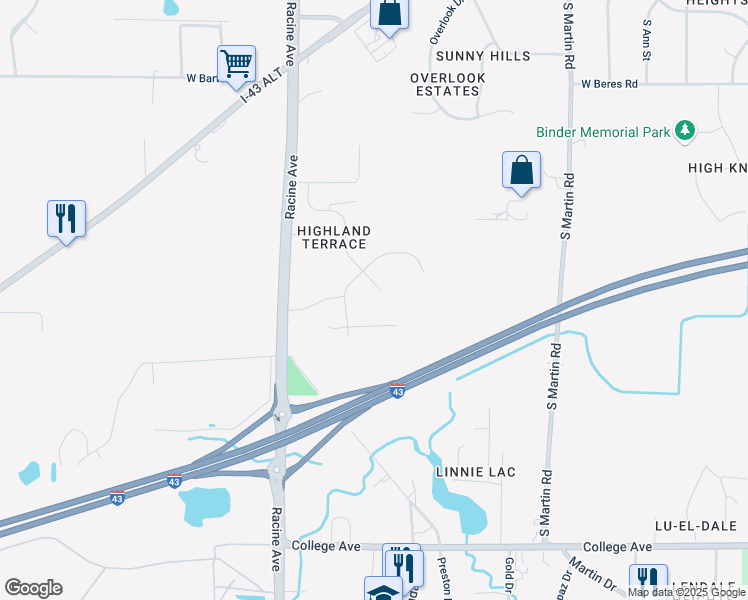 map of restaurants, bars, coffee shops, grocery stores, and more near 5865 Vista Drive in New Berlin