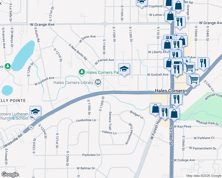 map of restaurants, bars, coffee shops, grocery stores, and more near 11510 West Janesville Road in Hales Corners